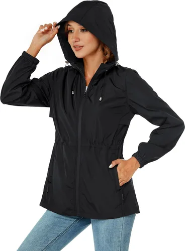 Vista 4 de Avoogue Chaqueta impermeable para mujer, ligera, plegable, con capucha, rompevientos con bolsillo activo