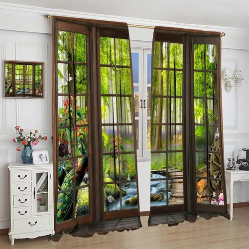 Vista 304 de Cortinas de paisaje, ventana 3D, primavera, bosque, vida silvestre, paisajes de naturaleza, dormitorio, sala de estar, cortinas térmicas opacas de 2