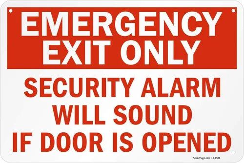 Vista 15 de SmartSign Letrero de metal con texto en inglés «Emergency Exit Only – Security Alarm Will Sound If Door Is Opened», aluminio de 63 mil