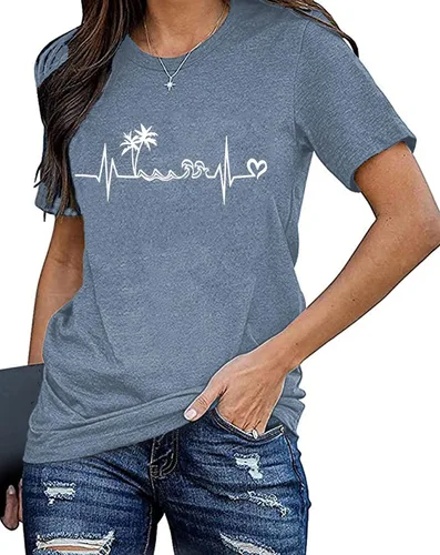 Vista 3 de Camiseta de manga corta con estampado de corazón para mujer, camiseta con estampado de corazón y estampado de corazón Azul