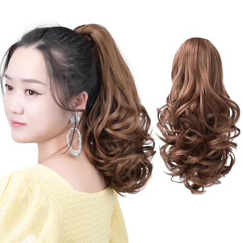 Vista 13 de Cola de caballo con clip, color castaño rojizo, ondulado de 10 pulgadas, extensión de cola de caballo de 3.3 onzas, extensiones de cabello sintético