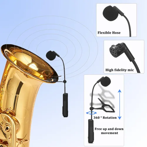 Vista 3 de Micrófono de instrumentos inalámbricos 2.4G, micrófono de saxofón, mini micrófono portátil de mano, receptor inalámbrico y transmisor, para trompeta