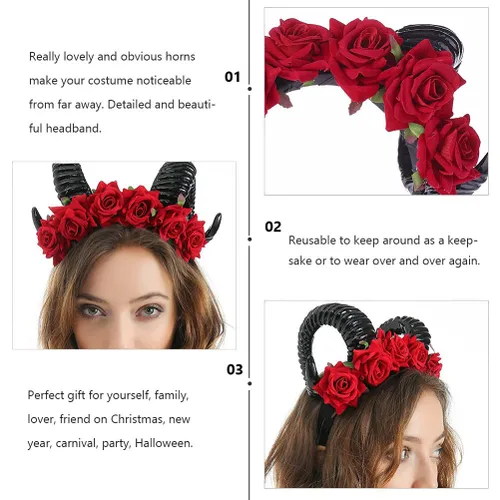 Vista 3 de Beaupretty Diademas de flores de cuerno, Halloween de oveja negra, cuernos de terror, rosa roja, diadema de diablo para cosplay, disfraz de fiesta
