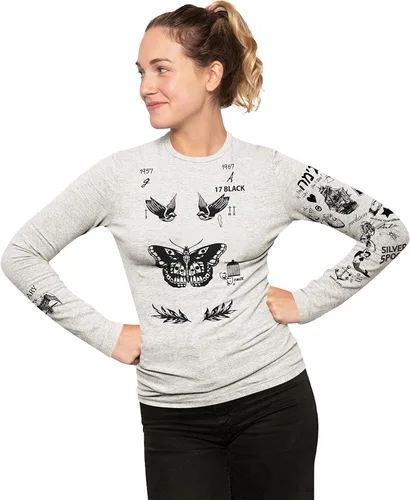 Vista 5 de Noonew Camiseta de manga larga para mujer diseño de Harry Tattoos cuello redondo