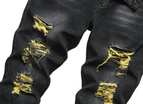 Vista 3 de Jeans ajustados y elásticos para hombre, jeans rectos rasgados a la moda para hombre, pantalones de mezclilla lavados vintage