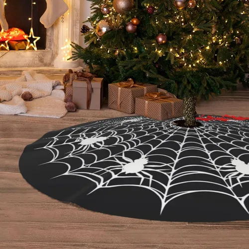 Vista 6 de Telaraña Negra de Halloween Aterradora Divertida 30 36 48 Pulgadas Falda de Árbol de Navidad Alfombra Tapete Divertido Suministros de Decoración