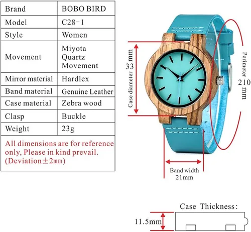 Vista 7 de BOBO BIRD Reloj de madera de bambú para hombre y mujer con correa de cuero de vaca azul, relojes casuales para el amor con caja