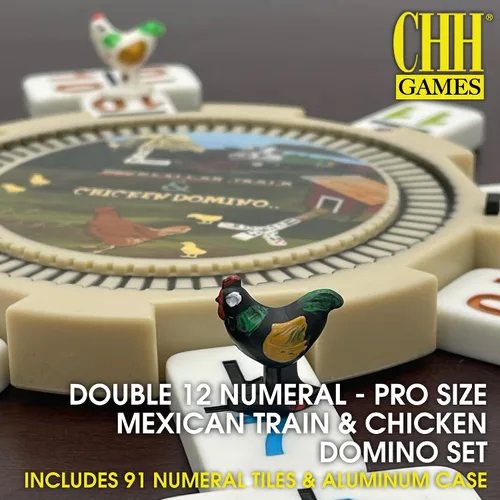 Vista 2 de Juego doble de domino de pie de pollo y tren mexicano de tamaño profesional y numeral 12