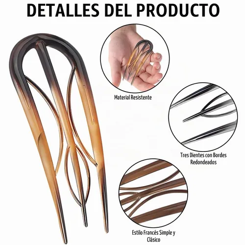 Vista 3 de 6 piezas de horquillas francesas, horquilla de cabello en forma de U estilo retro con dientes internos, horquillas francesas para el cabello