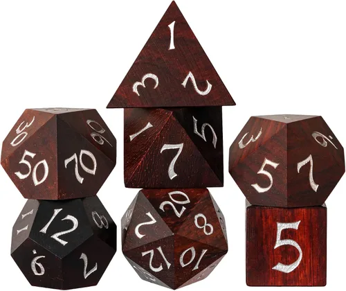 Vista 2 de Juego de dados D&D de sándalo rojo, dados poliédricos de madera natural con caja de lata de metal para juegos de rol y juegos de mesa