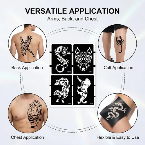 Vista 8 de 10 plantillas de tatuaje temporales de patrones grandes, 5 hojas tamaño A4, kit de plantillas de tatuaje tribal, plantillas profesionales de 3 capas