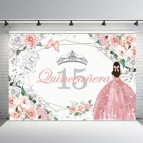 Vista 7 de MEHOFOND Telón de fondo de quinceañera con 15 letras para fiesta de niñas de 15 años con texto en inglés «Sweet 15 Quince años», fondo floral azul
