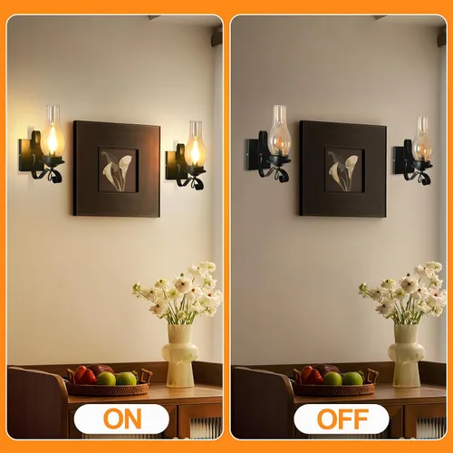 Vista 4 de Juego de dos apliques de pared rústicos, lámpara de pared de granja negra cableada en interiores, lámparas de pared retro con vidrio ámbar, apliques