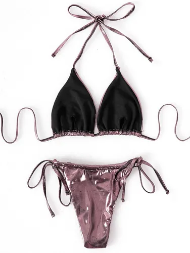 Vista 4 de WDIRARA Traje de baño metálico de 3 piezas para mujer con falda de playa