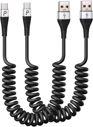 Vista 11 de Cable USB C de carga rápida, paquete de 2 cables de carga USB A a USB C en espiral de 3 pies para automóvil, cable de carga USB-C compatible