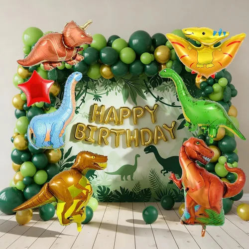 Vista 5 de Juego de 7 globos de dinosaurio, globos de número 3 de 40 pulgadas, 6 globos de dinosaurio, suministros de fiesta temática de dinosaurios