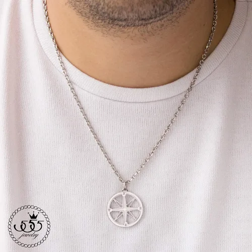 Vista 2 de 555Jewelry Collar con colgante de brújula de navegación de acero inoxidable unisex plateado