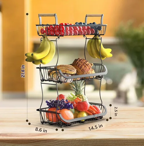 Vista 6 de Cesta de frutas de 3 niveles para encimera de cocina con 2 ganchos para plátanos, soporte grande para frutero, soporte de almacenamiento de frutas