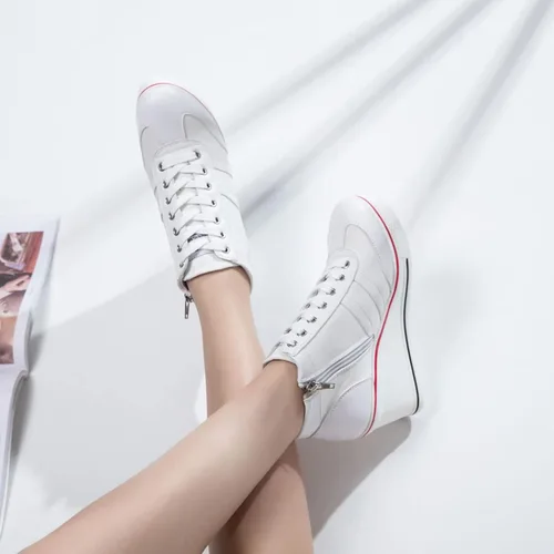 Vista 5 de MEJORMEN Zapatos de lona con plataforma para mujer, con cordones y cremallera lateral, zapatos casuales de tacón alto para caminar
