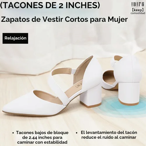 Vista 3 de IDIFU IN2 Women's Pumps Closed Pointed Toe Low Block Chunky Comfort Heels Blanco (White PU)