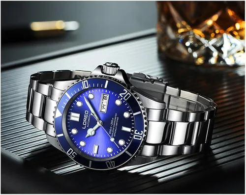 Vista 4 de LOREO Reloj automático para hombre de acero inoxidable y zafiro de cristal azul giratorio bisel para hombre con fecha y semana