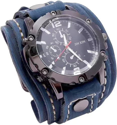 Vista 6 de MINILUJIA Hecho a mano cosido con cuerda de cera para hombre, relojes vintage punk hiphop gótico ancho de cuero genuino brazalete redondo de cuarzo