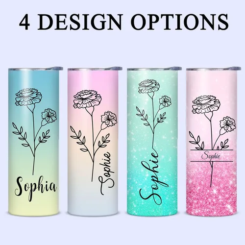 Vista 4 de Regalos personalizados para mujeres, vaso delgado personalizado con nombre, flor de nacimiento, vaso aislado personalizado con tapa y pajita, regalo