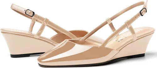 Vista 6 de MERRORI Zapatos de tacón bajo de cuña con hebilla y punta cuadrada para mujer, de patente sólida, de 2 pulgadas Beige