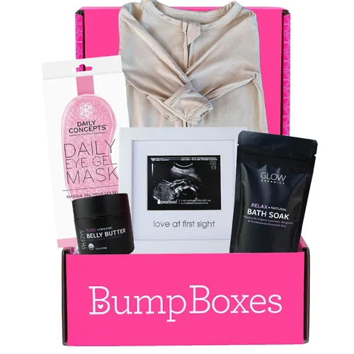 Vista 9 de Bump Boxes Regalos de embarazo para el primer trimestre para futuras mamás con botella de agua, diario, loción y tarjetas de hitos, regalo
