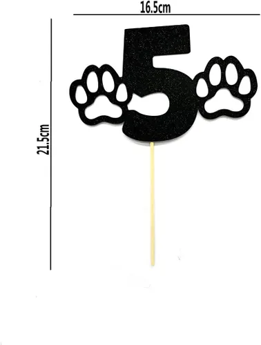 Vista 2 de Decoración para pastel de 5 cumpleaños con purpurina negra para perro, decoración de cumpleaños de cinco años, temática de cachorro, decoración