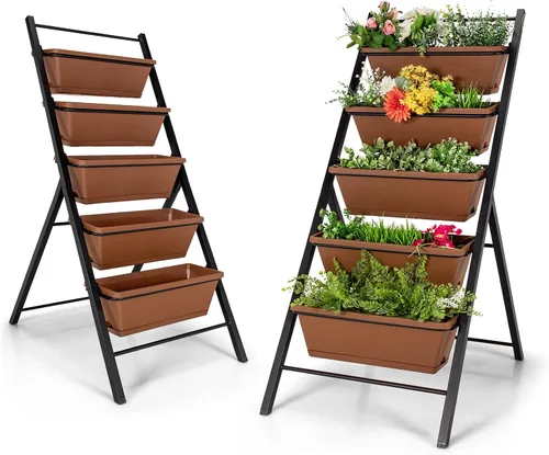 Vista 12 de Giantex Maceta vertical elevada, camas de jardín elevadas con orificio de drenaje de agua, cajas independientes de 5 contenedores para cultivo