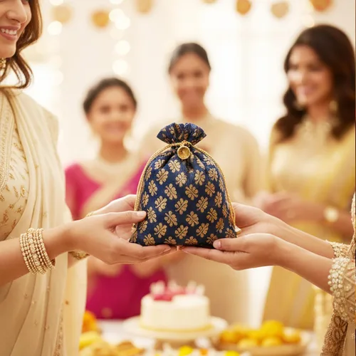 Vista 3 de Touchstone Bolsas con cordón de tela tradicional india, hechas a mano, perfectas para regalos, joyas, bodas, bolsas, bolsas, Potli, -Mimosa