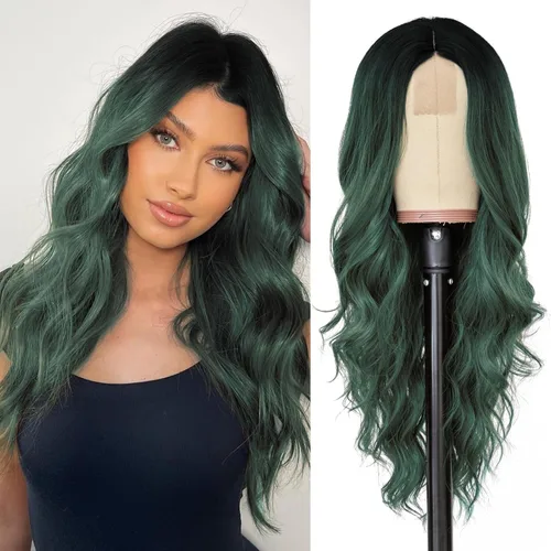 Vista 25 de NAYOO Peluca larga ondulada rubia ombré para mujer, de 26 pulgadas, parte media, rizada, ondulada, de aspecto natural, fibra sintética resistente al