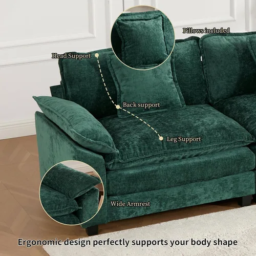 Vista 43 de Sofá seccional modular verde de 111.5", sofás seccionales grandes de 3 plazas para sala de estar, sofá nube oversized de tela chenille con otomana