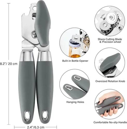 Vista 2 de TJ POP - Abrelatas manual, abrelatas de mano resistente, borde liso, perilla de fácil giro, con abrebotellas, utensilios de cocina, color gris