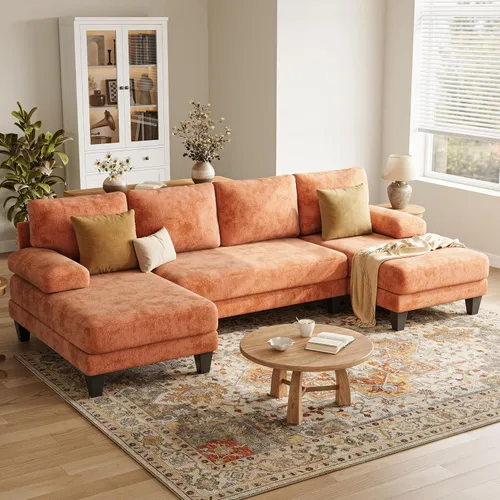 Vista 11 de Sofás seccionales en forma de U para sala de estar, sofá modular moderno de 112 pulgadas, sofá de felpilla gris oscuro con diván doble