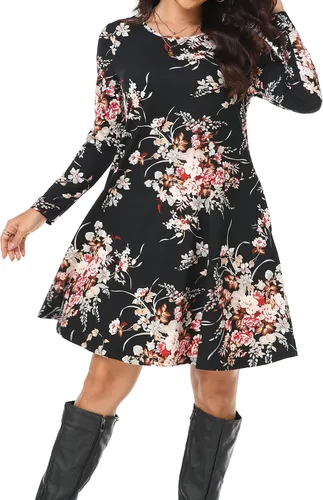 Vista 2 de Vestido casual para mujer, holgado, de manga larga, con volantes, cuello redondo, con bolsillos