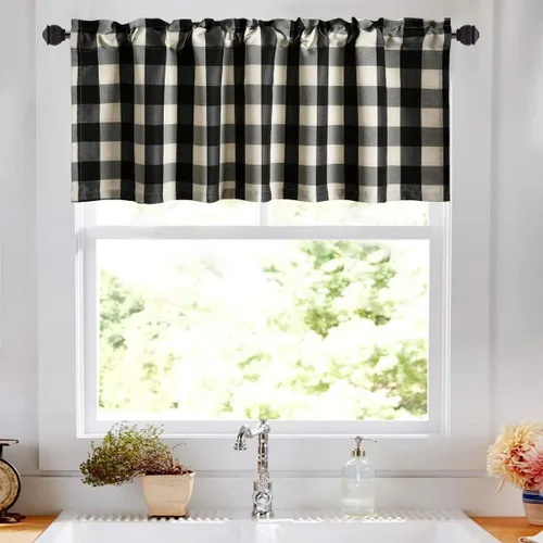 Vista 34 de VOGOL Cenefa de cuadros marrón con textura de lino para dormitorio, sala de estar, diseño de bolsillo para barra, fácil de colgar, 52 x 12 pulgadas