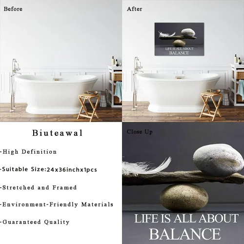 Vista 6 de Biuteawal Arte de pared motivacional zen, impresión en lienzo blanco y negro, piedras de equilibrio con plumas, pintura inspiradora, arte enmarcado