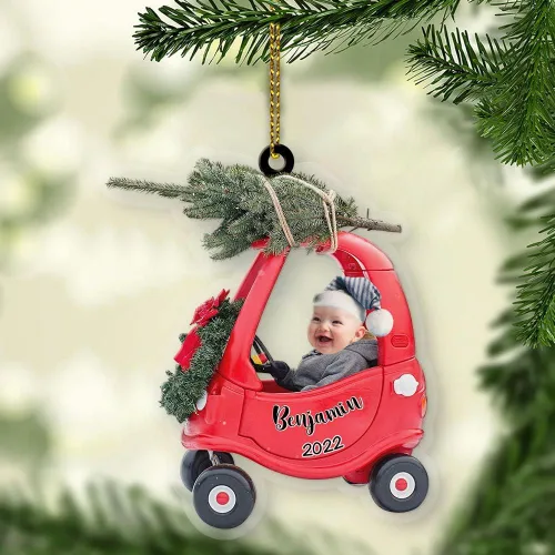 Vista 18 de Adorno personalizado de primera Navidad del bebé con carga de foto, decoración plana colgante de cara de recién nacido para árbol navideño, lindo
