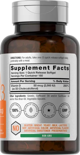 Vista 2 de Horbaach Vitamina D3 2000IU cápsulas blandas 150 unidades 50 mcg colecalciferol Suplemento sin OMG y sin gluten