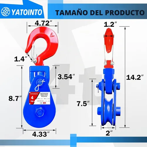 Vista 5 de YATOINTO Bloque de tracción de 4 toneladas con gancho, polea de 4.5 pulgadas, bloque de tracción de cable de alambre de 1/2 pulgada, 8800 libras