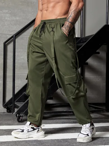 Vista 3 de WDIRARA Pantalones cargo con cordón elástico en la cintura con detalle de correa y bolsillo con solapa para hombre