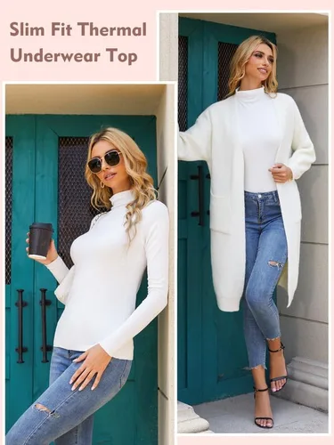 Vista 5 de EXCELLENT THERMAL Camisetas de manga larga con cuello alto falso para mujer, ajuste delgado, capa base suave, ropa interior térmica