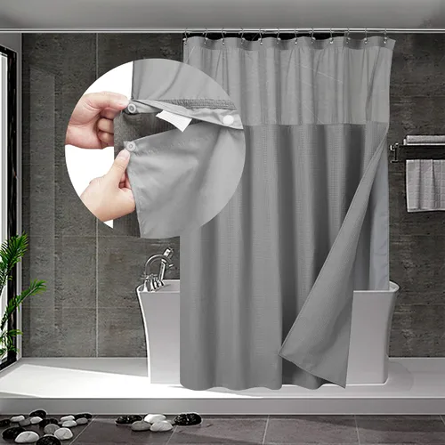 Vista 17 de N&Y HOME - Juego de cortina de ducha de punto gofre, forro de tela a presión y ganchos, para ducha pequeña, estilo hotel, ventana superior de malla
