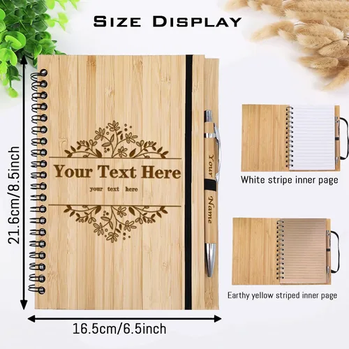 Vista 2 de xrlsg Cuaderno personalizado con foto grabada, cuaderno de bambú personalizado con bolígrafo, diarios en espiral para graduación, conmemorativo