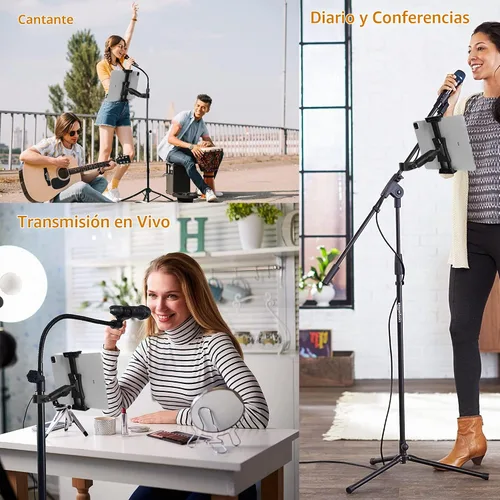 Vista 7 de Soporte para iPad para soporte de micrófono, soporte de teléfono para tableta, soporte de música para micrófono, soporte giratorio ajustable