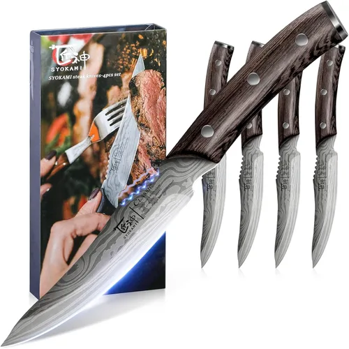 Vista 10 de SYOKAMI Juego de 2 cuchillos para carne, 4.8 pulgadas, estilo japonés de alta gama, filo fino con mango de madera, diseño de espiga completa