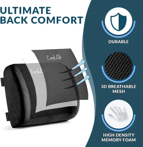 Vista 2 de ComfiLife - Cojín de respaldo lumbar para silla de oficina y asiento de coche, de espuma viscoelástica, con correa ajustable y malla 3D transpirable
