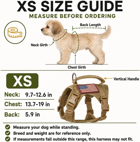 Vista 5 de Chaleco táctico de servicio para perro, K9 ajustable militar de trabajo, resistente al agua, cómodo chaleco para perro MOLLE con asa (XS, caqui)